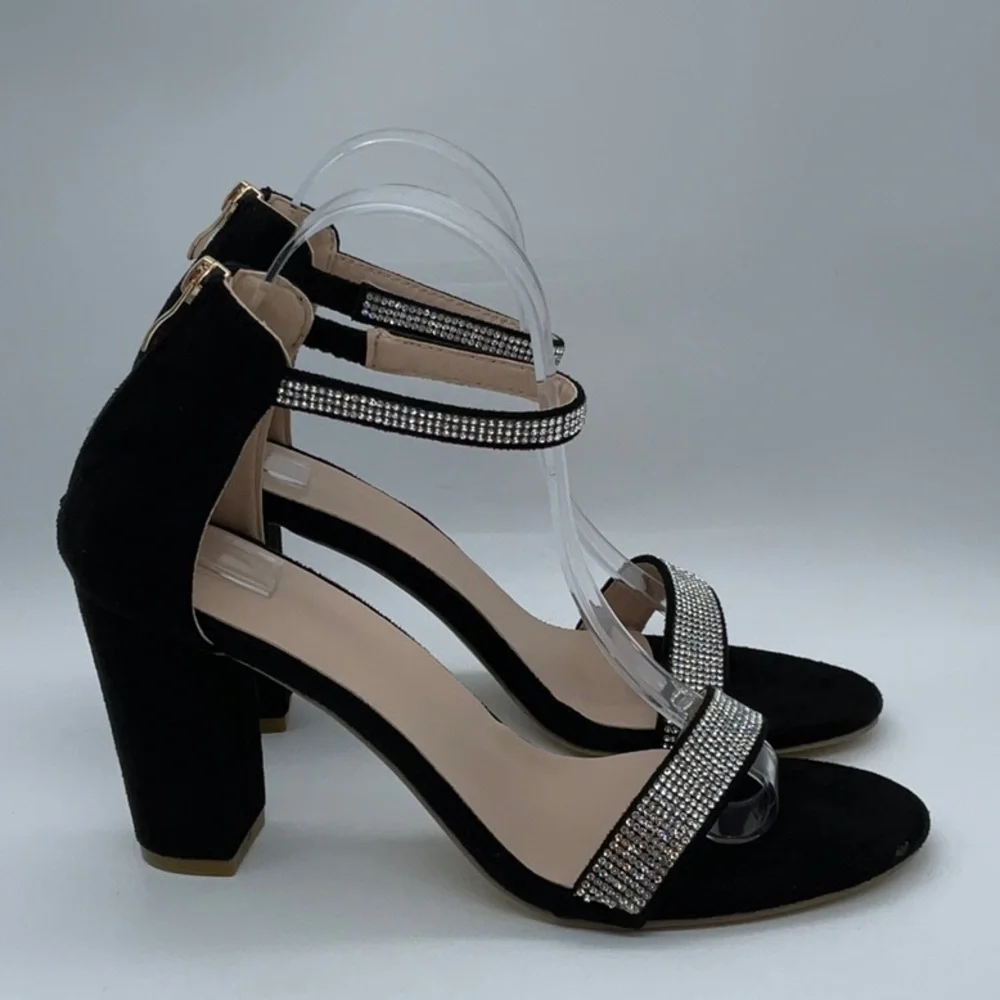 Black Faux suede heels with sparkle detail ankle strap back gold zipper closure